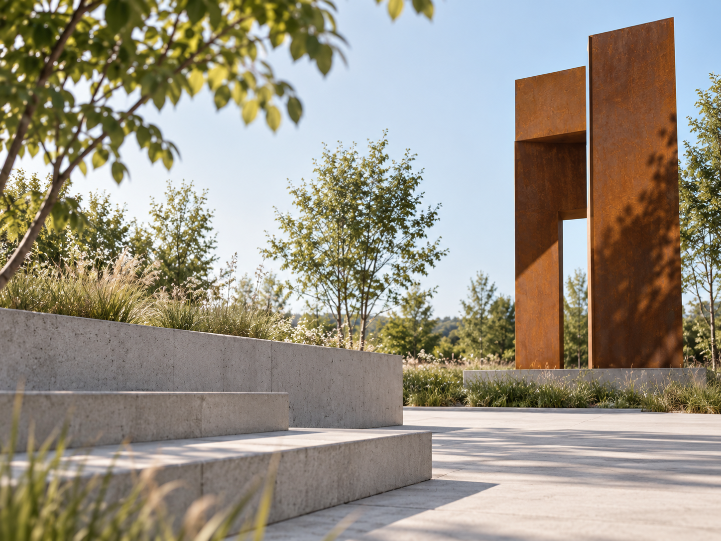 Cortenstalen sculptuur naast betonnen trappen en groen