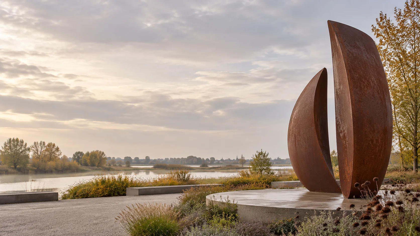 Abstract kunstwerk in een groene openbare ruimte
